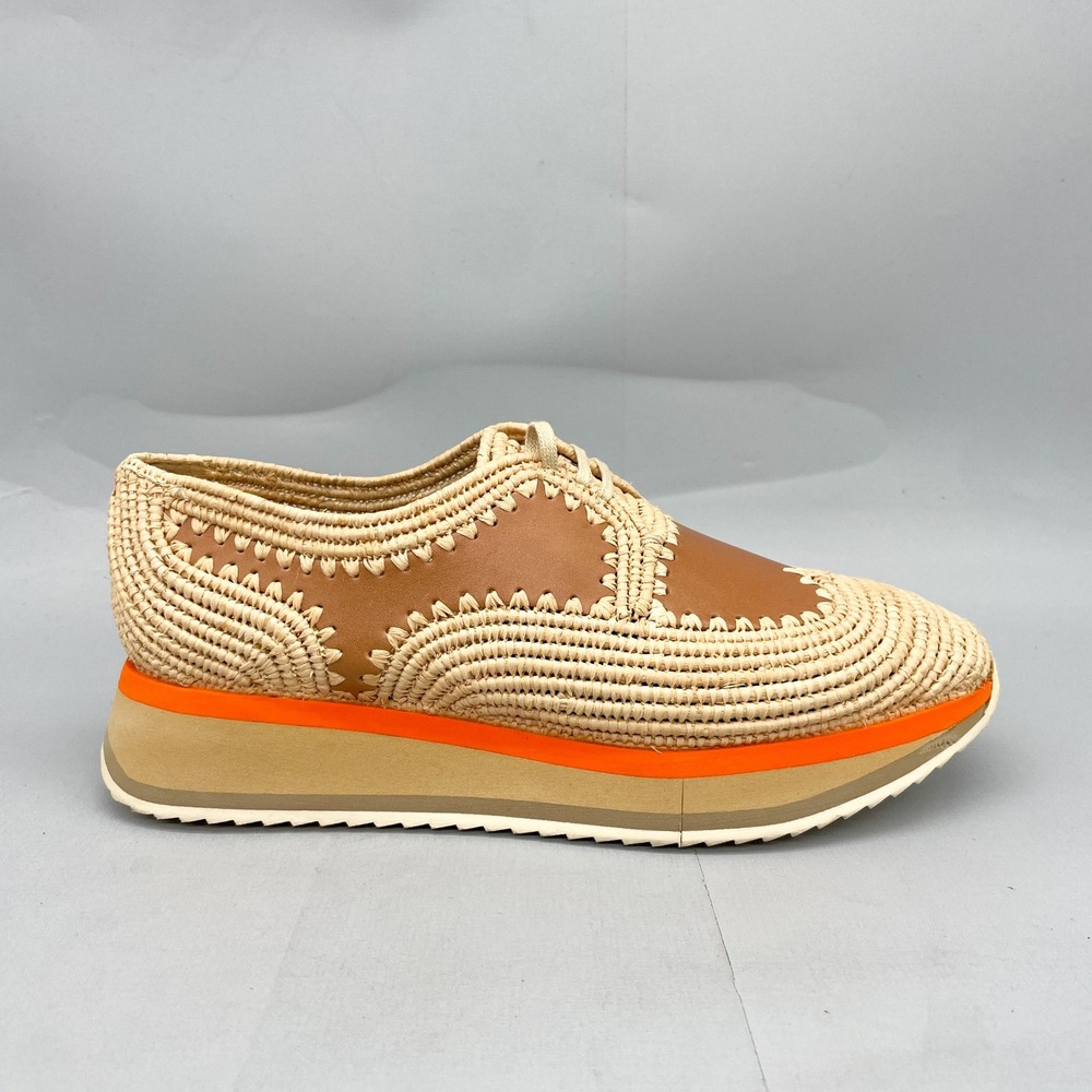 Clergerie Oneil Sneakers Womens 39 8.5 Raffia Woven Platform Derby Shoes Tan